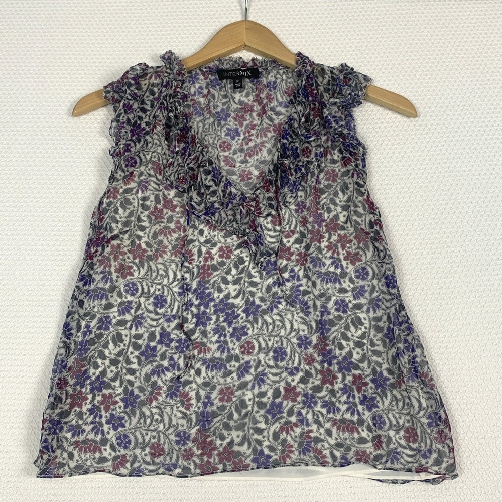 Intermix Silk Printed Maribelle Ruffle Blouse Purple Magenta Sleeveless Petite P